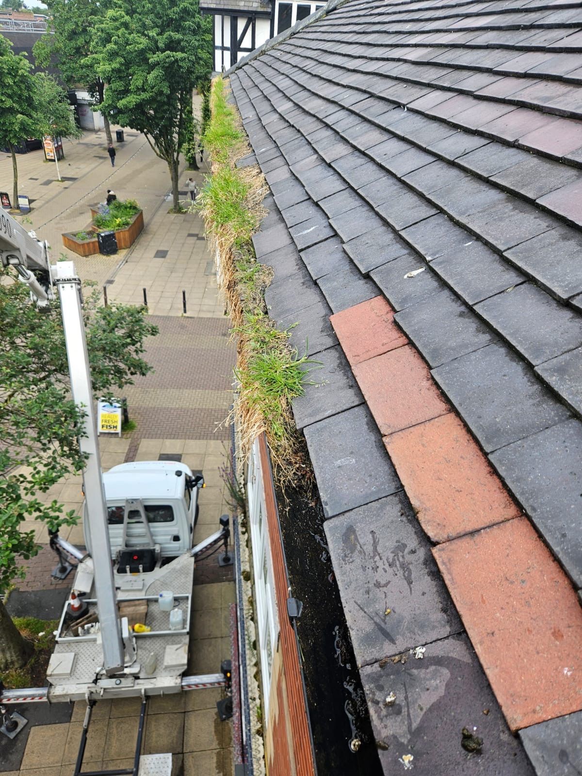 Aerial view of heavily blocked commercial gutter full of weeds with ProClean Access cherry picker below